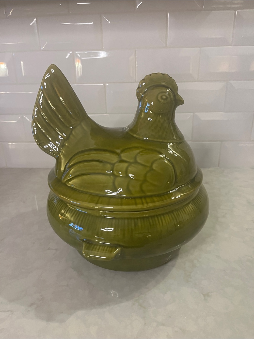 Handcrafted Vintage Alvacado green Ceramic Hen on Nest Cookie Jar